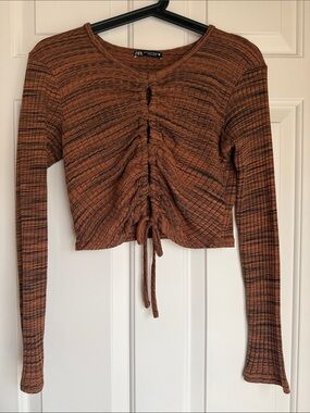 Zara Rust Ruched Ribbed Long-Sleeve Crop Top
